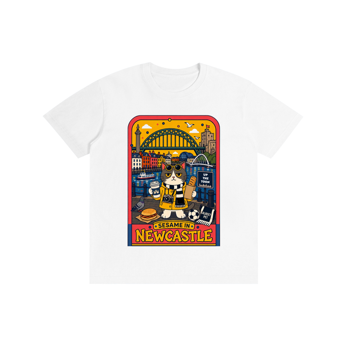 Cream T-shirt printed with a retro Newcastle illustration featuring a cat and the Tyne Bridge