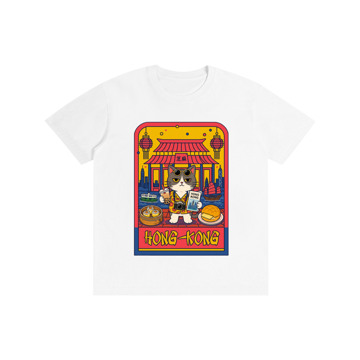 White T-shirt printed with an illustration of a cat in Hong Kong surrounded by neon signs