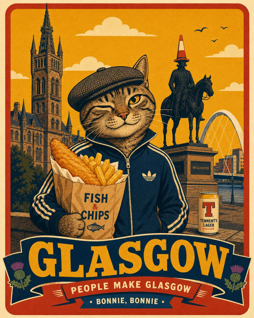 Fish supper on the Clyde illustration for Glasgow